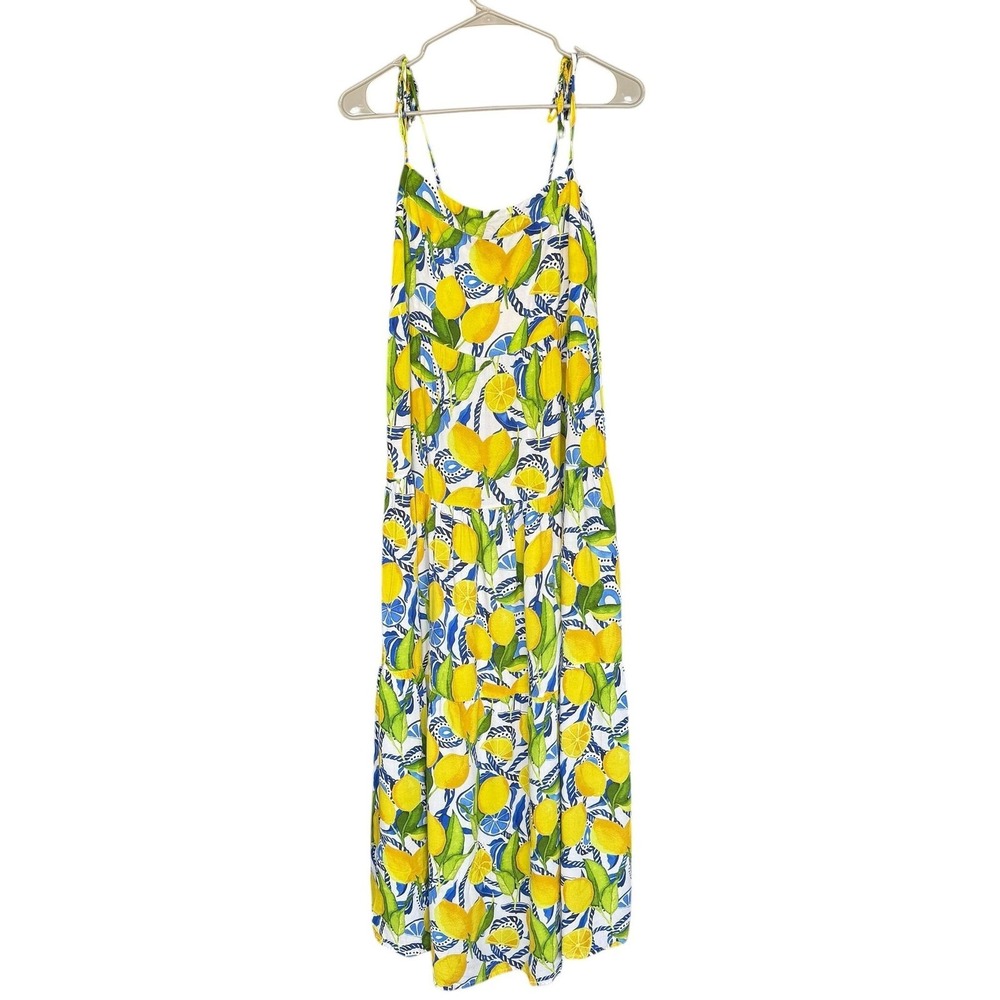 Kenny Flowers Dress Womens Large Lemon Print Smocked Maxi Tropical Sundress - Picture 3 of 9